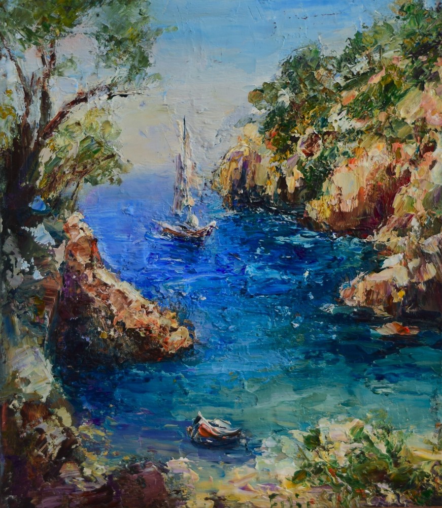 Original Sailboat Seascape Beach Painting Seaside Impressionism Collectible Artwork