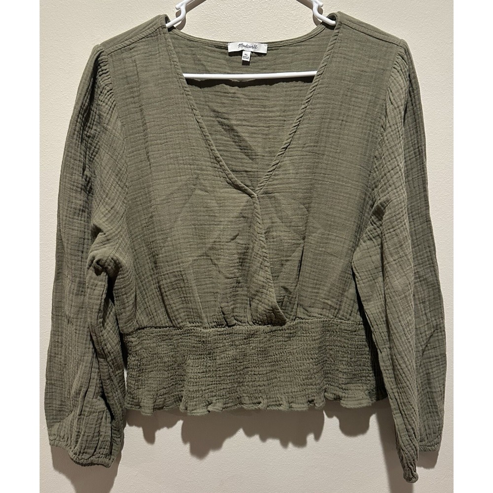 Madewell Lightspun Julianne Smocked-Waist Green Top for Women in Size XL