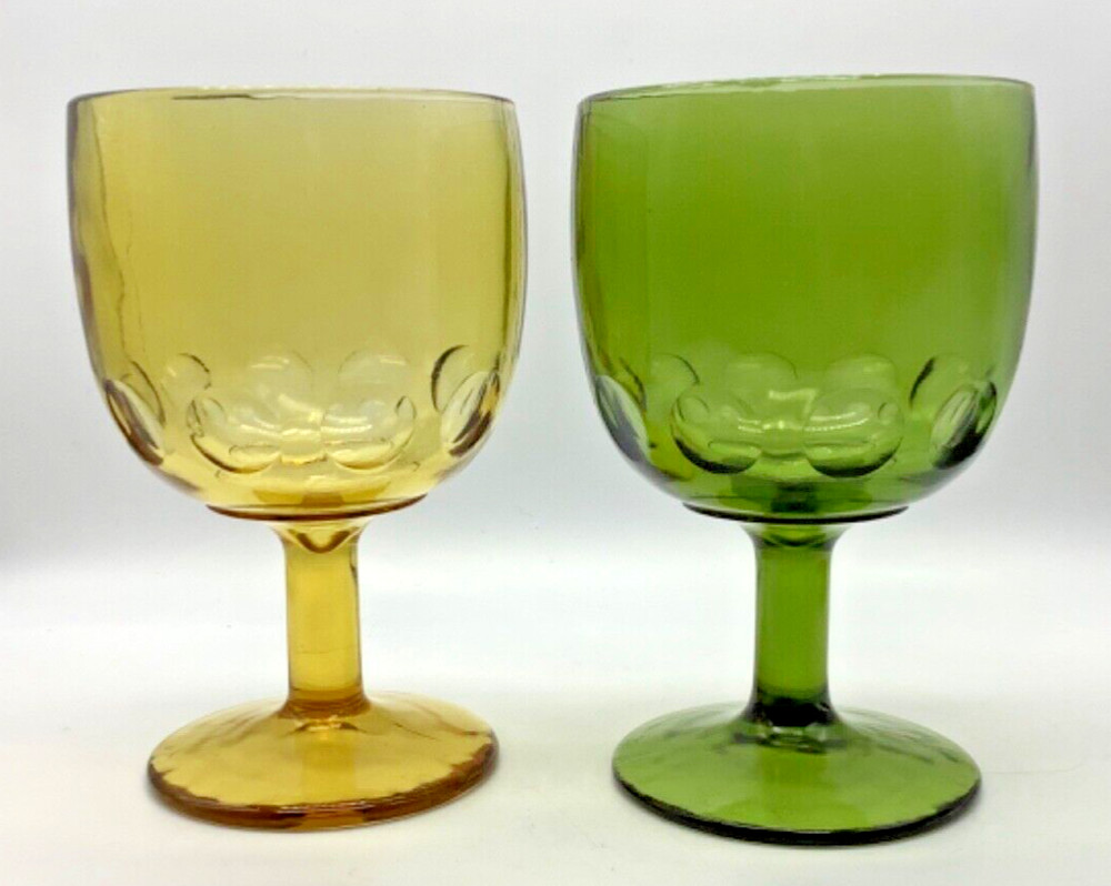 Bartlett Collins Thumbprint Green and Amber Glass Goblets Vintage MCM, Set of 2