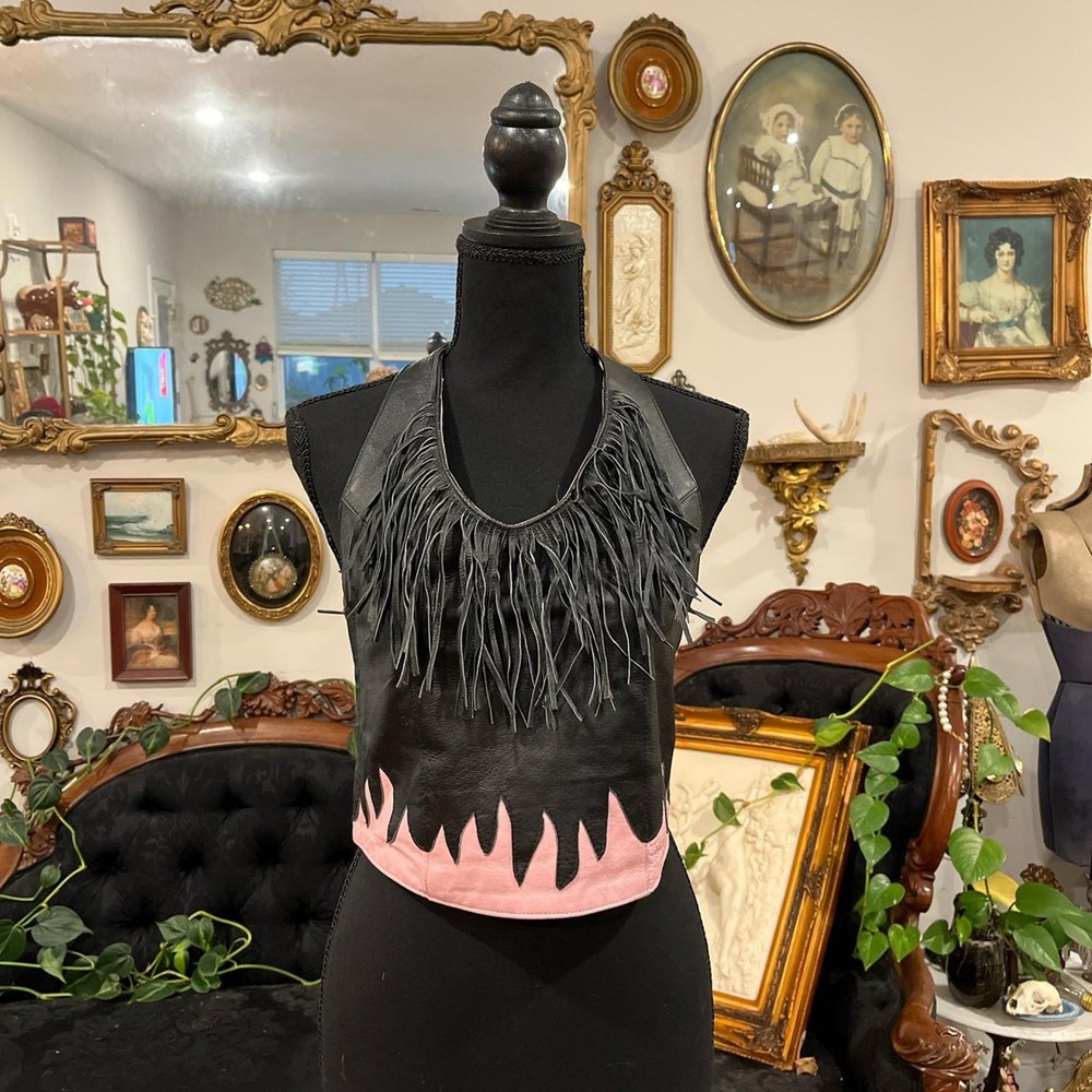 Vintage Y2K Flame Leather Fringe Halter Top biker (S)