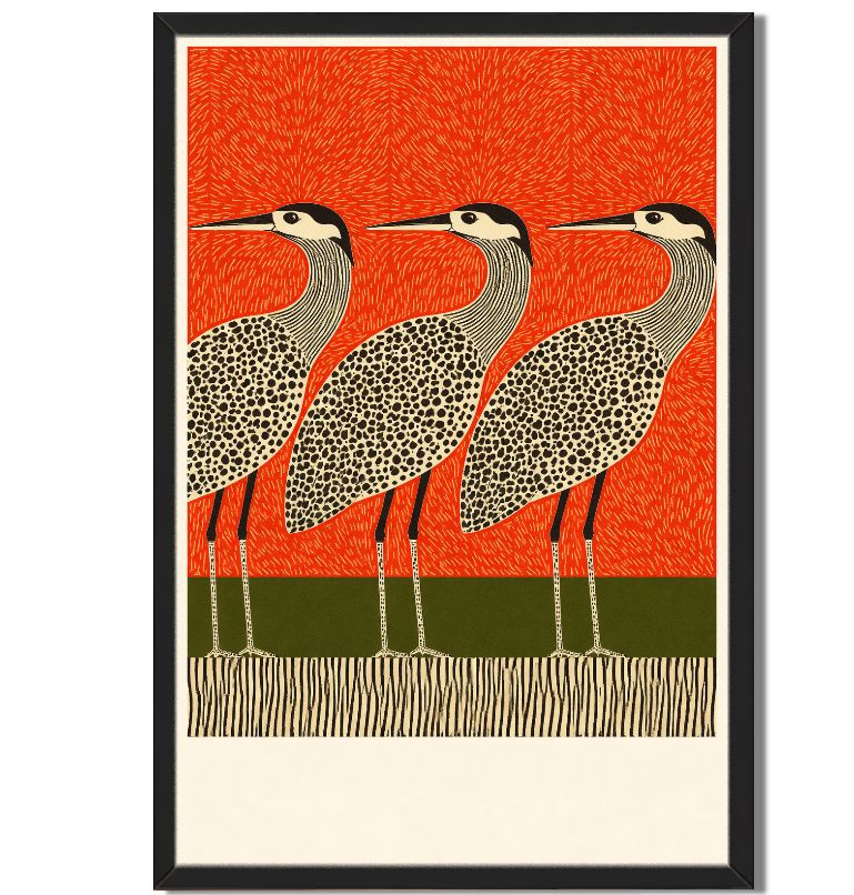 Framed Heron Bird Print Modern Graphic Wall Art Textured Abstract Decor-image