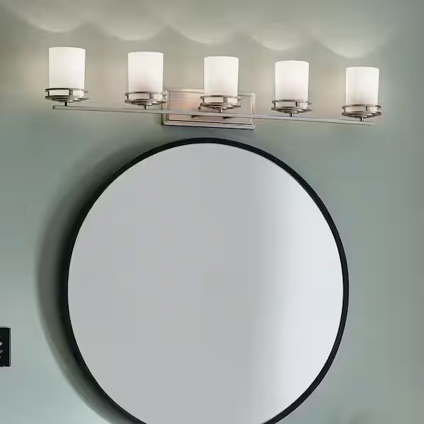 KICHLER Hendrik 43 in. 5-Light Brushed Nickel Vanity Light w/ Etched Glass Shade