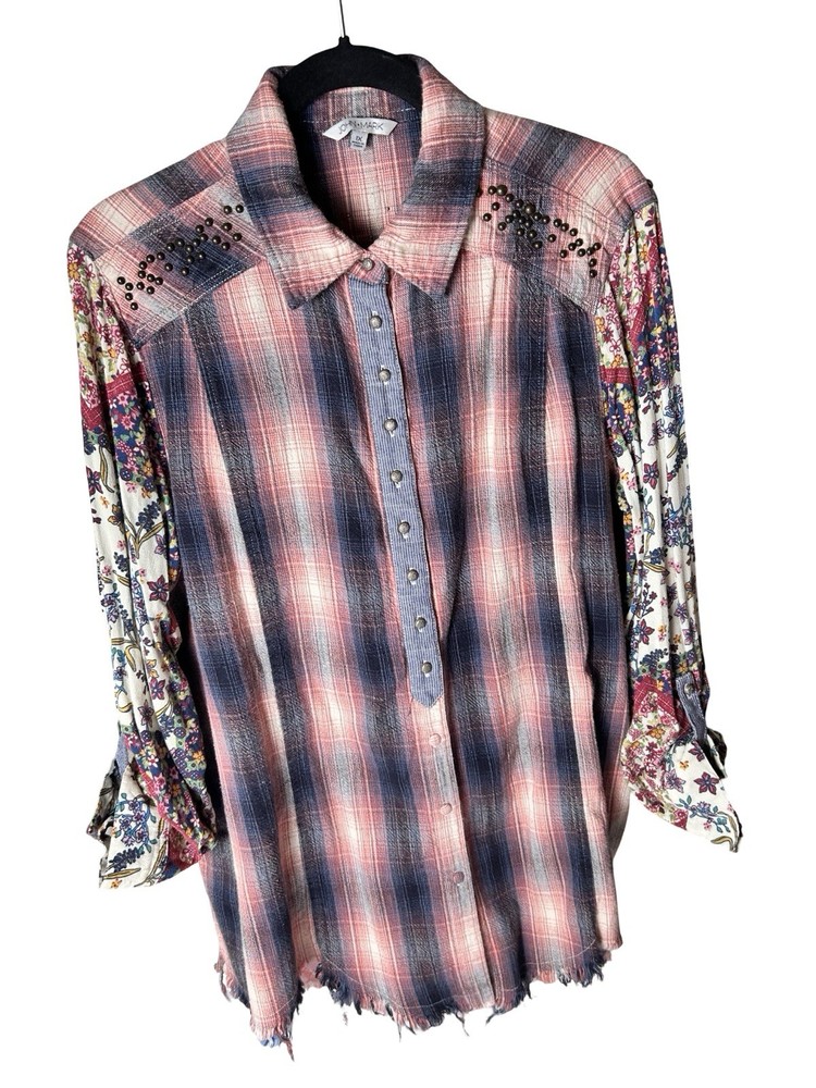 John Mark Plaid Button Up Shirt Plus Sz 1X Mixed Print Floral Long Sleeve Tunic