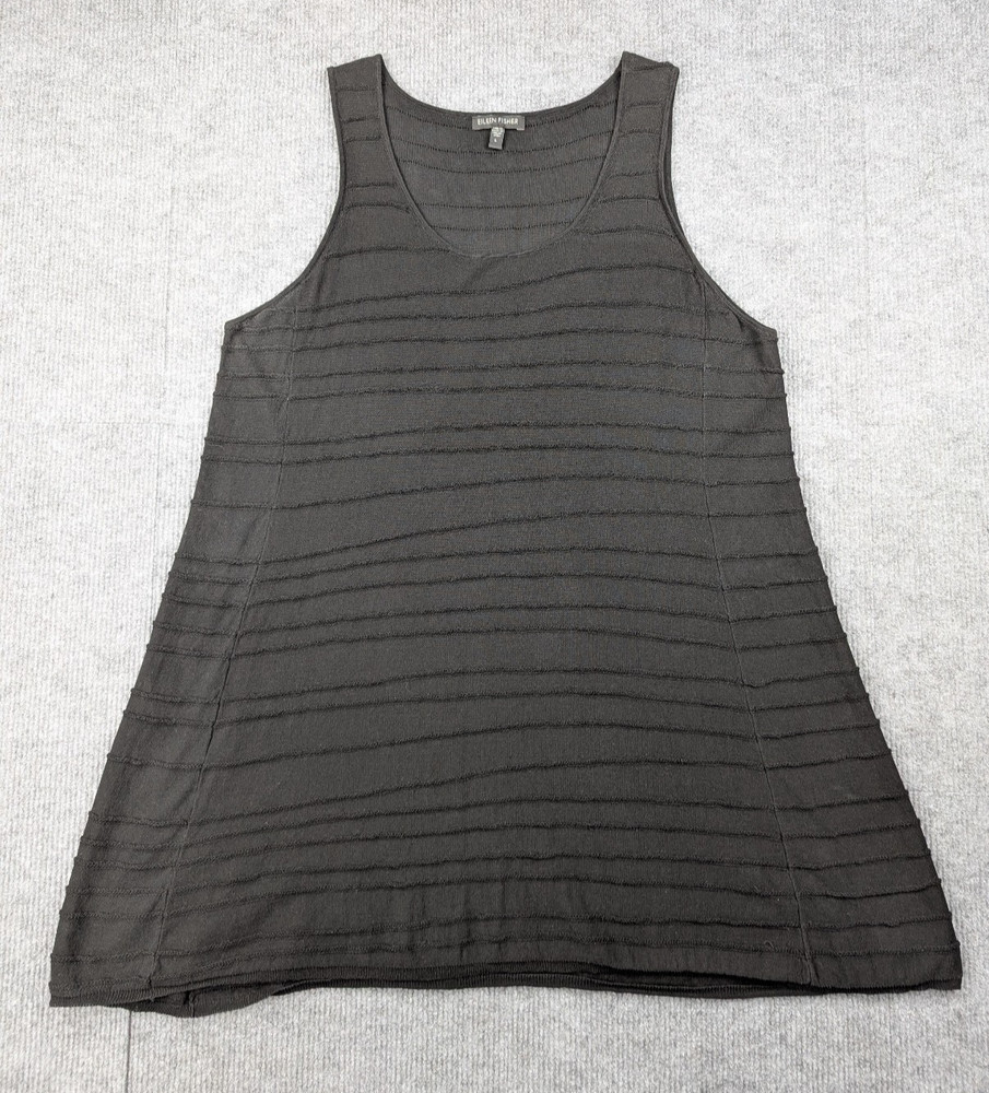 Eileen Fisher Tunic Women Large Textured Knit Tank Black Lagenlook Minimal Italy