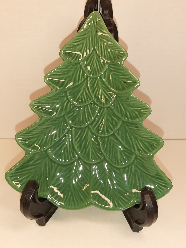 Hallmark Green Christmas Tree Serving Trinket Candy Dish Plate Tray Stoneware