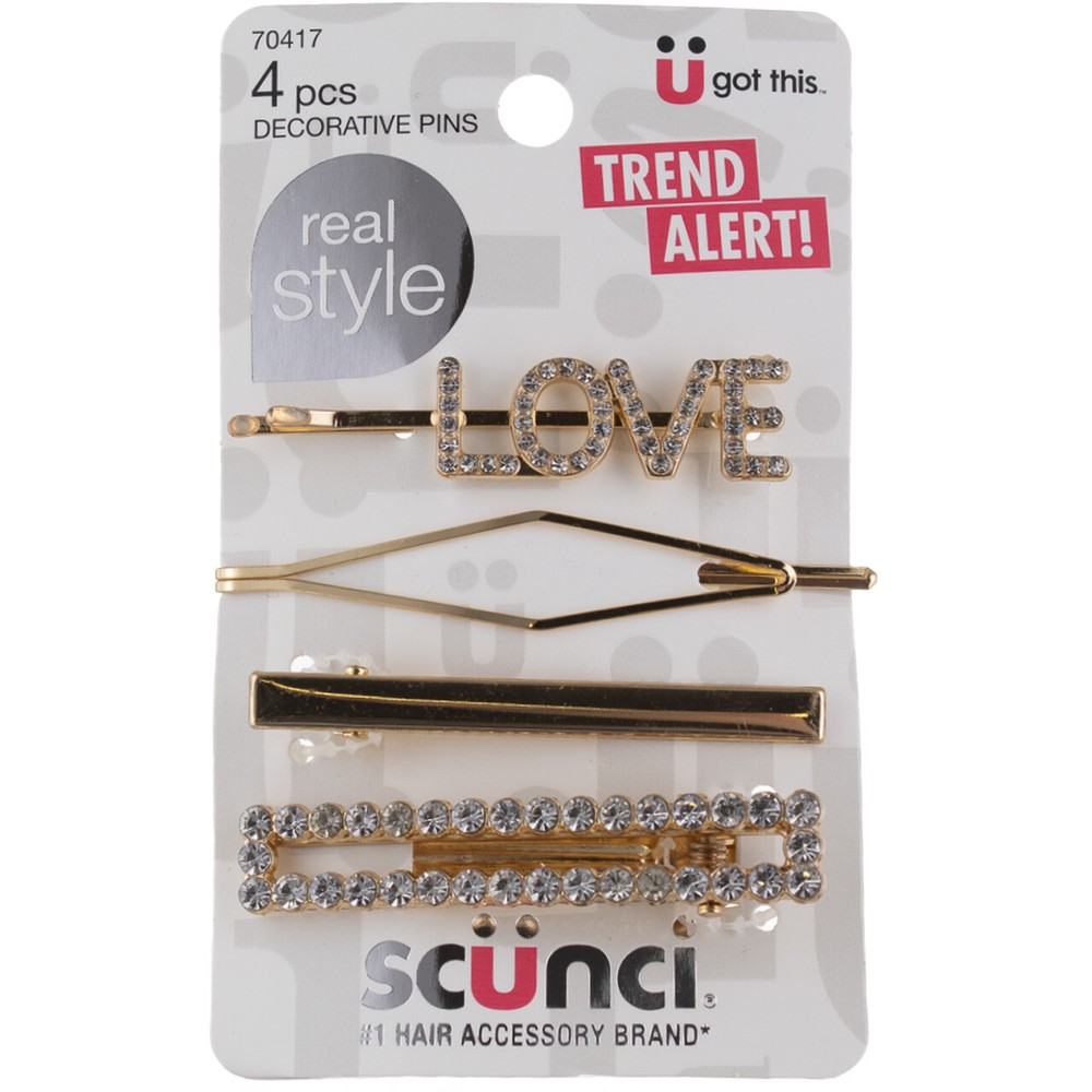 Enhance your style with 3-Pack Scunci Metallic Gold Real Style Hair Pins, 4 Ct