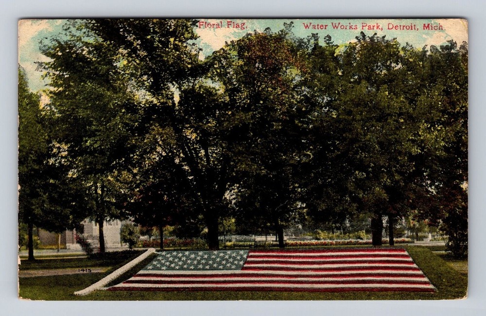 Detroit MI-Michigan, Water Works Park Floral Flag, Antique Vintage Postcard