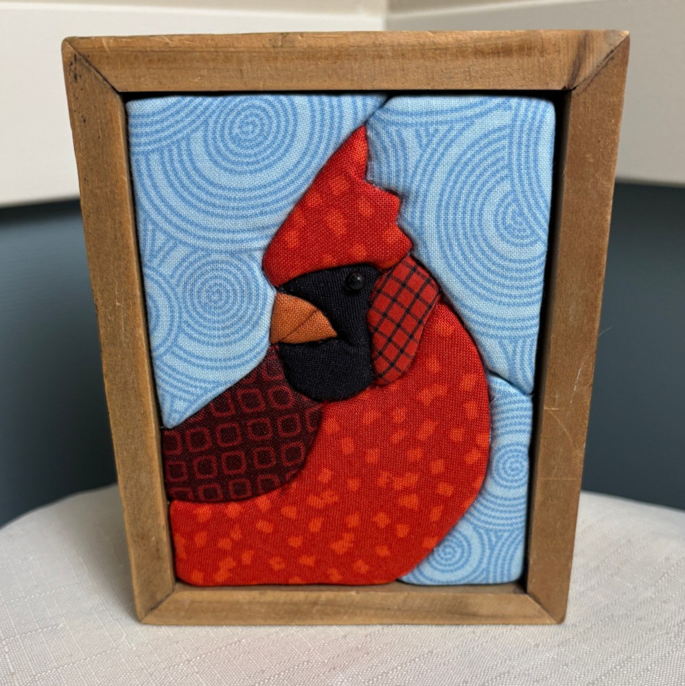 New Handmade Framed Textile Fabric Art - Small Cardinal Bird by Cheryl Randall