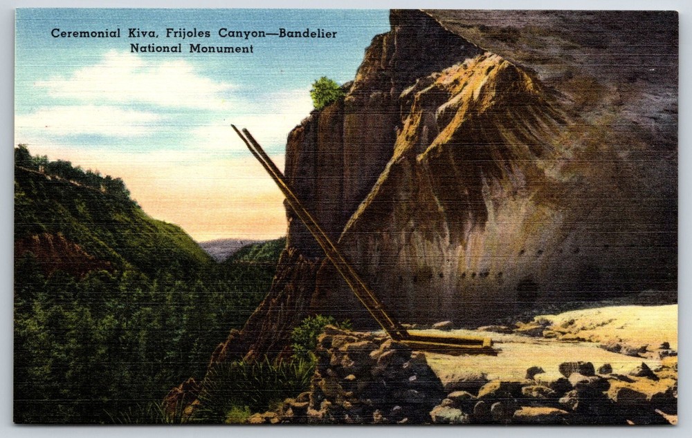 New Mexico~Kiva @ Frijoles Canyon Bandelier Natl Monument~Vintage Linen Postcard