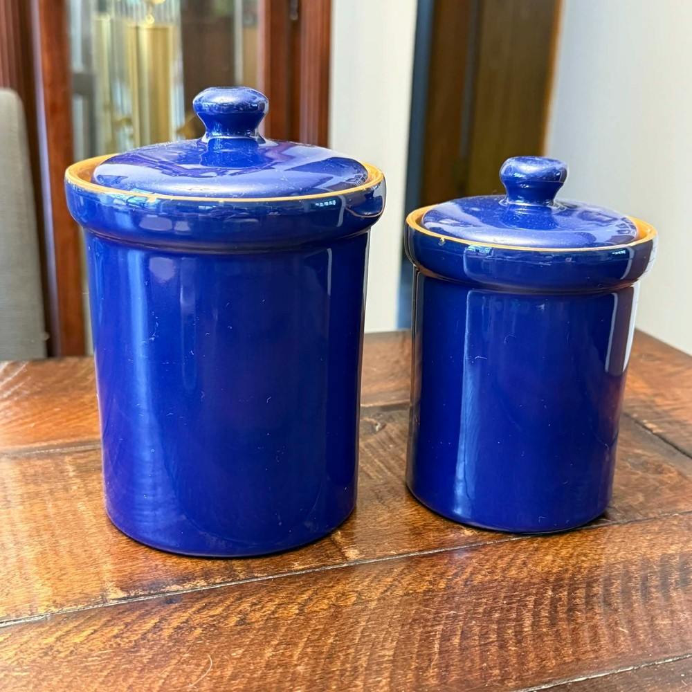 2 Cobalt Blue Terracotta Canisters Made in Italy Ceramic Pottery Vintage Set
