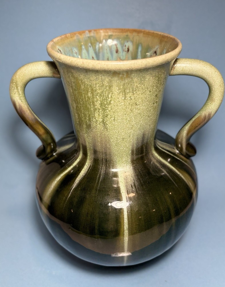 Large Vintage Studio Art Pottery Vase Double Handle Crystalline Glaze