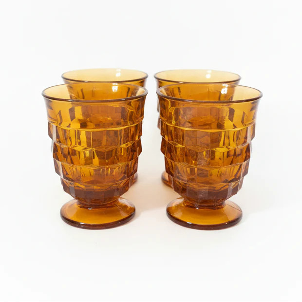 Vintage Small Amber Indiana Glass Whitehall Footed Tumblers Set of 4 Glasses 8oz