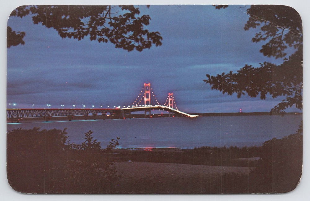 Michigan~Night View Of The Mackinac Bridge Over Straits~Dexter Press~Vintage PC