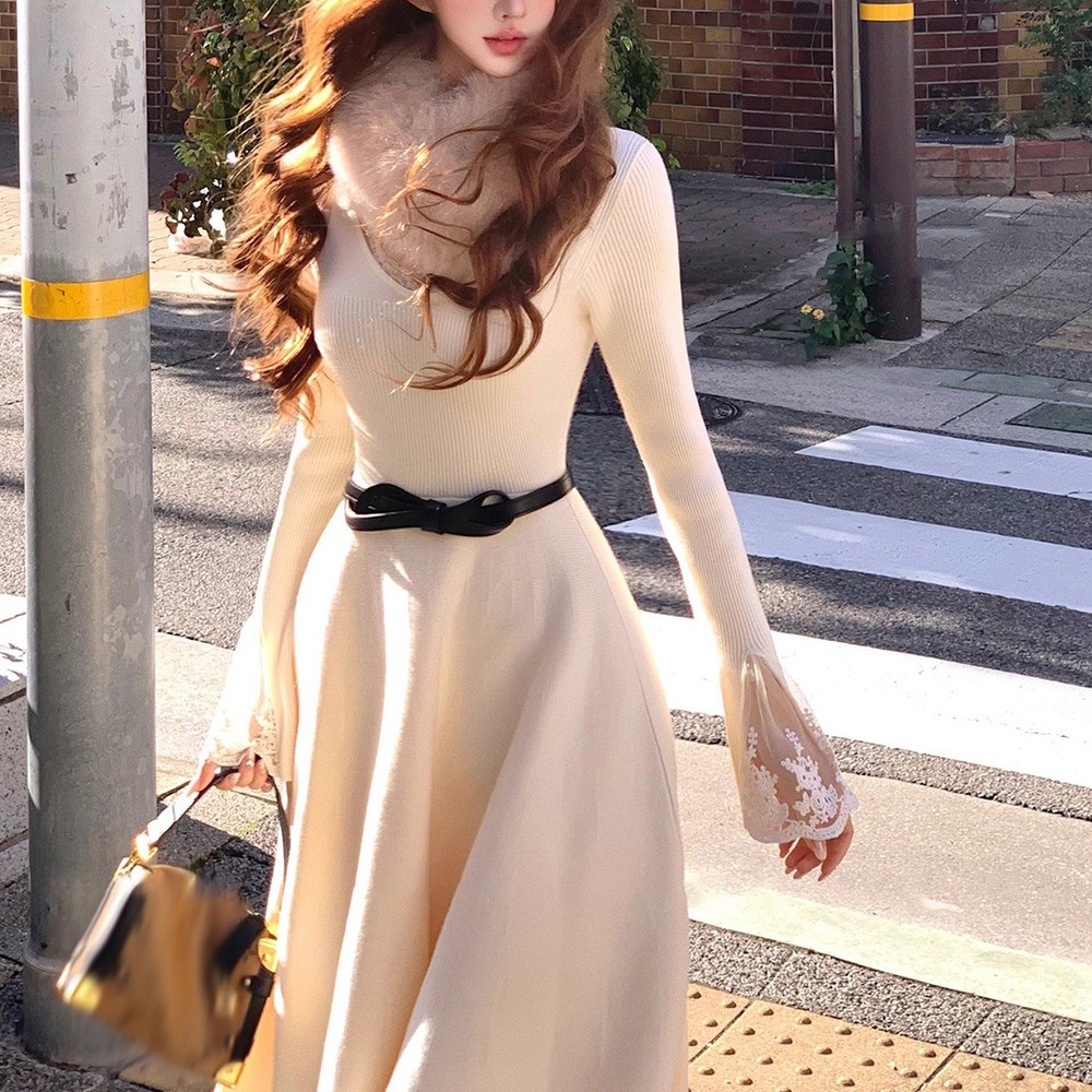 Elegant Women's Slimming Fit Dress Woolen Dress Knitted A-line Skirt Long Dress