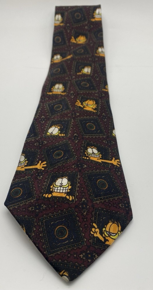 Addiction Garfield Men's Tie Burgundy Yellow Blue 100% Polyester Cartoon Classic