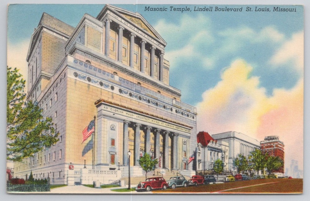 Masonic Temple Lindell Blvd St. Louis MO 1948 Postcard Vintage Cars