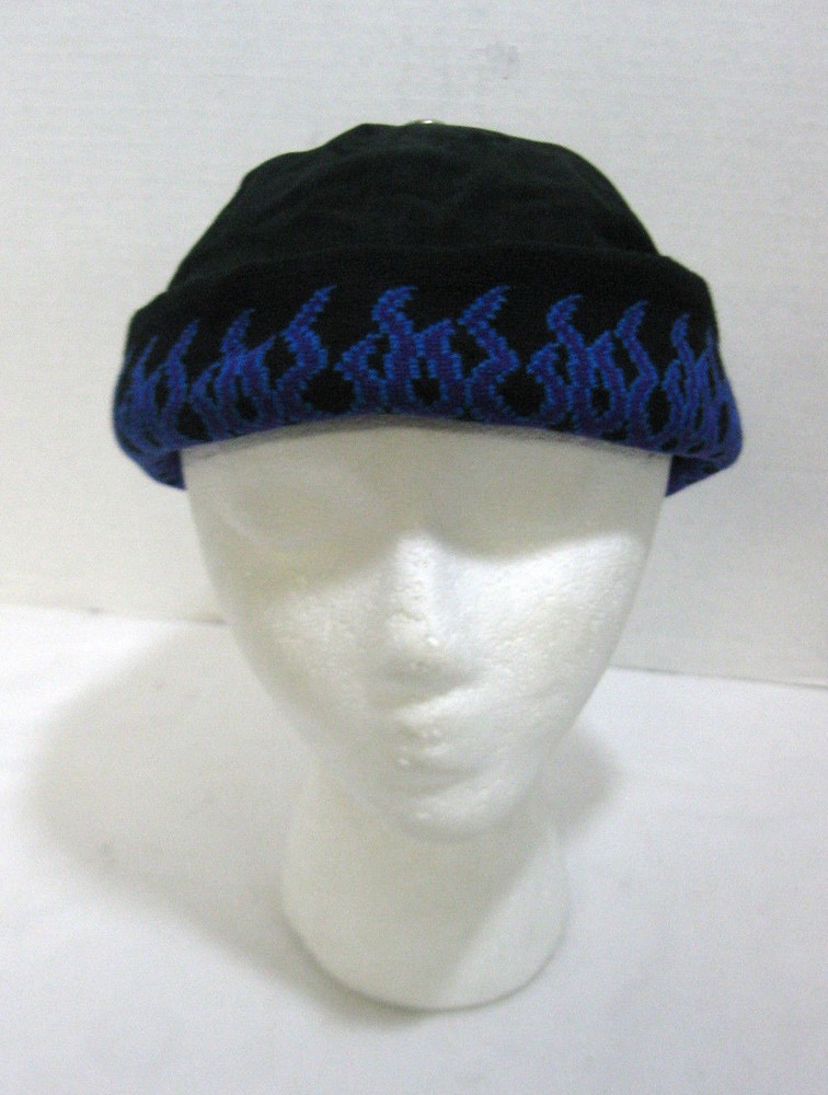 Men's Black Bullet Cap Beanie Blue Purple Flames Cuff Biker Hat Winter Adjust