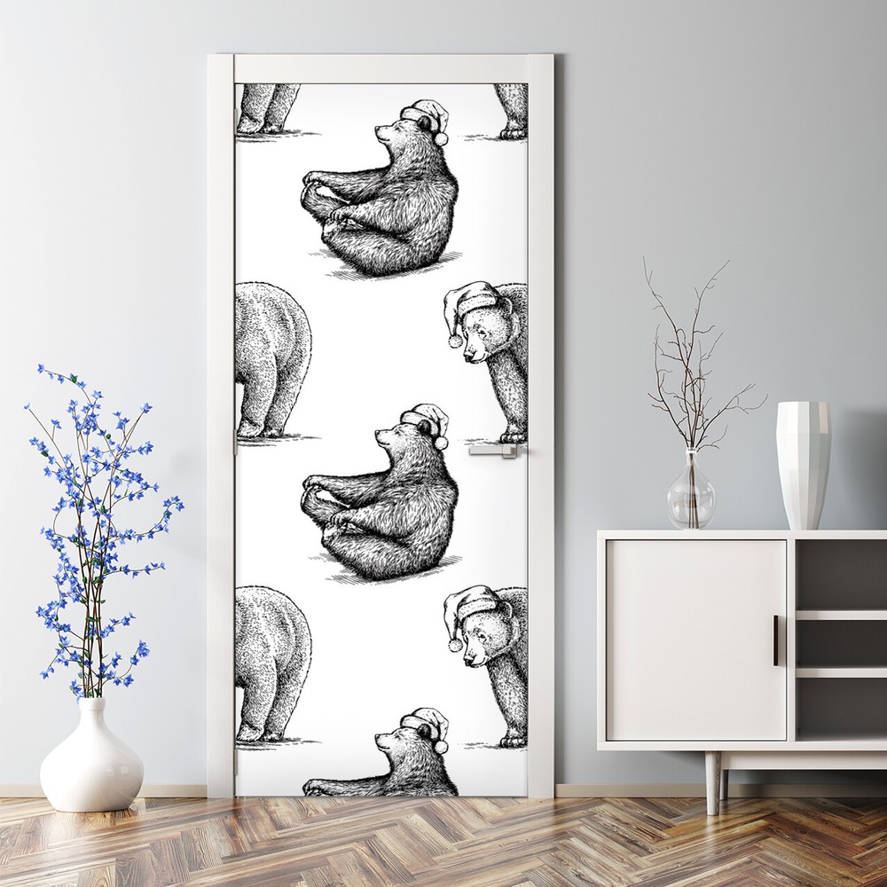 Sleepy Bears Black and White Bubble-Free Door Sticker for Home Decor