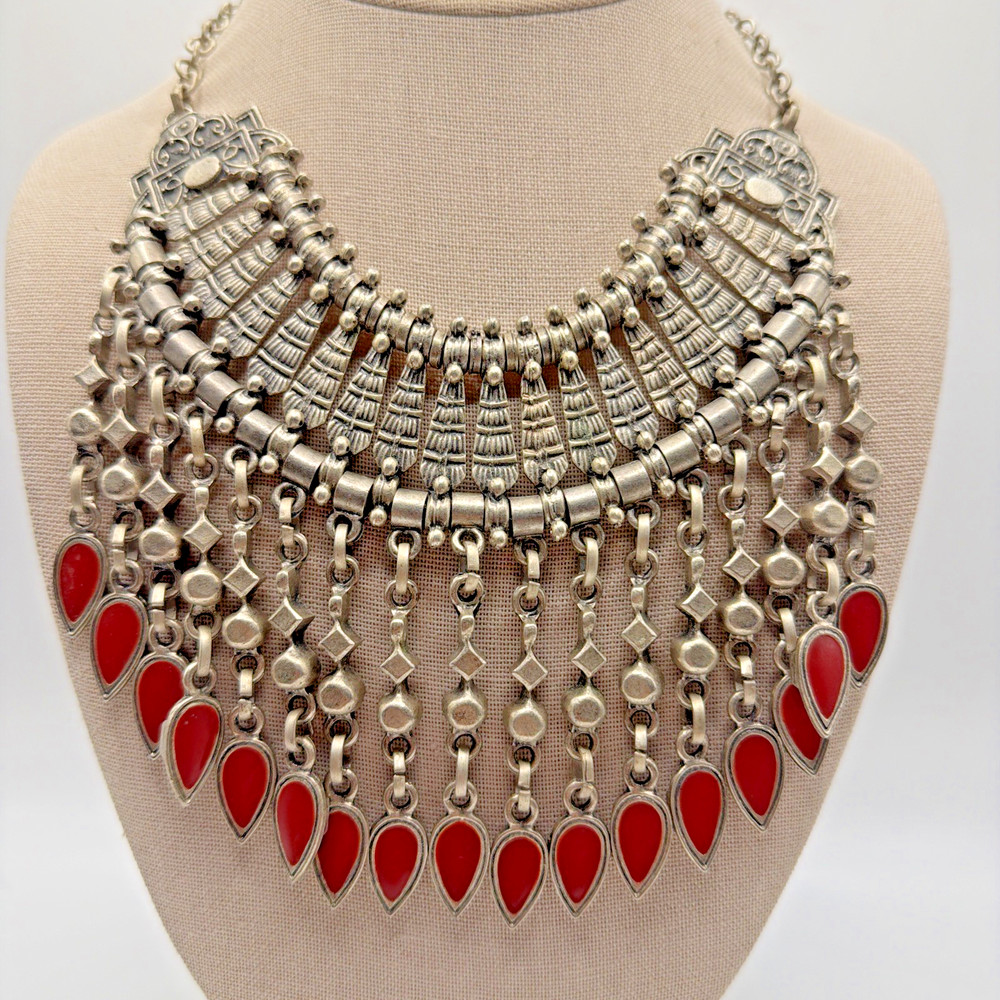 Vintage Bohemian Bib Necklace Tribal Silver Toned Statement