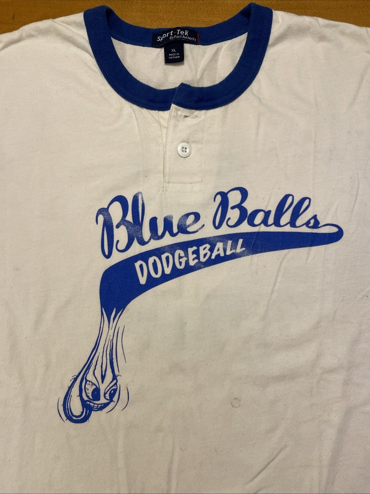 Vintage Ringer T Shirt Blue Balls Dodgeball Size XL Funny Stains