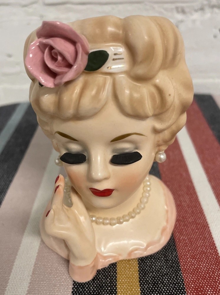 Vintage 1961 Inarco Head Vase Blonde Lady Pink Rose Broken Finger As Is