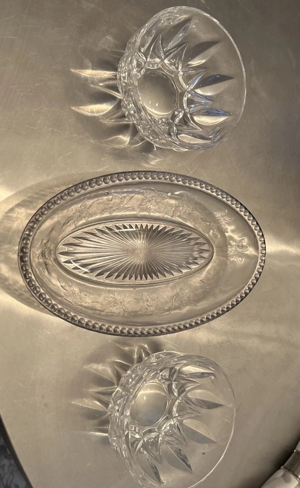 Vintage Clear Pressed Glass Ivy Leaf Platter and Starburst Bowls 3 Piece Set