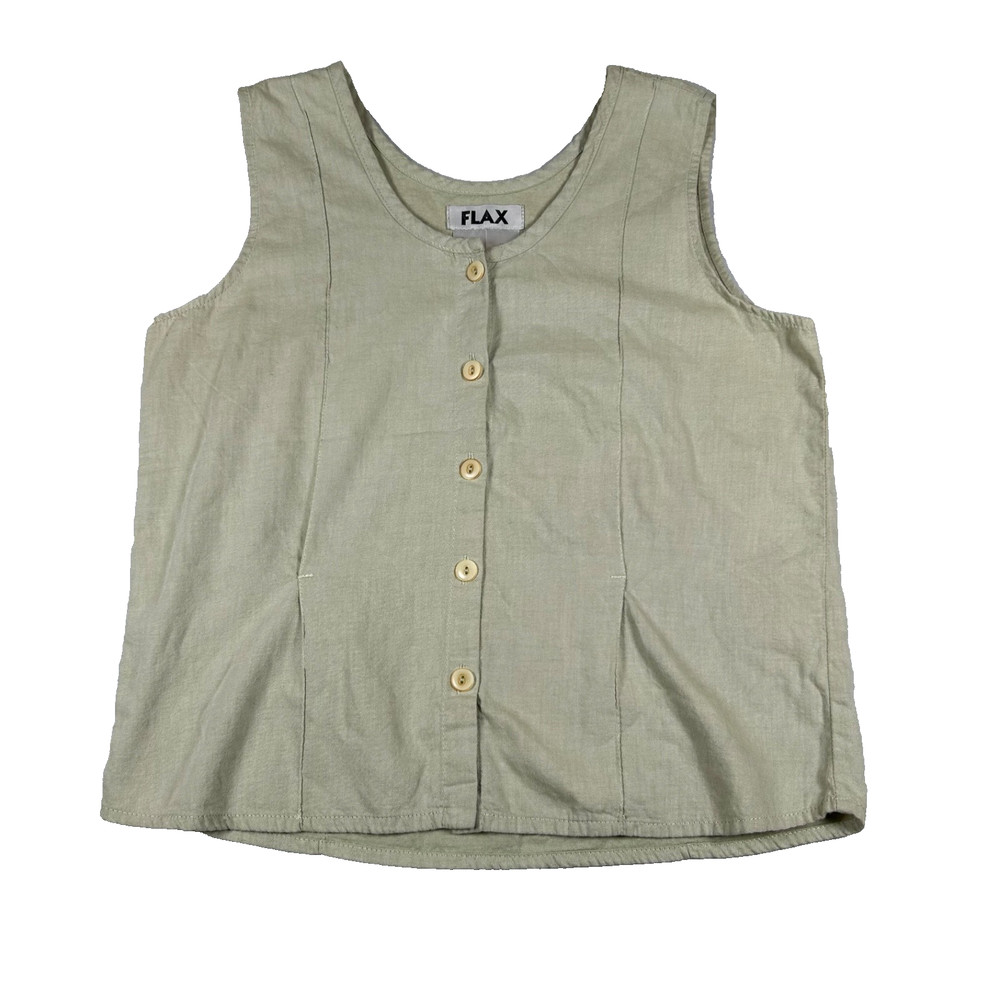 FLAX Womens Linen Tank Top Button Front Sleeveless Green Relaxed Fit Size S