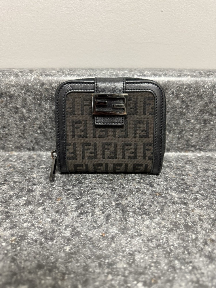 FENDI Black Canvas Leather Zucca FF Logo Monogram Compact Bifold Wallet Auth