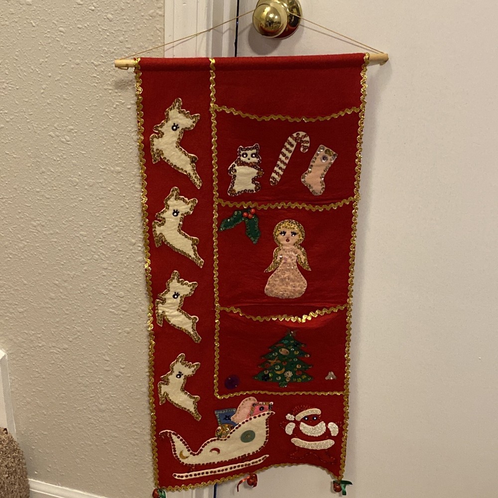Vtg Christmas Wall  Banner Felt & Sequins HM 12-27”Holiday Decor Grannycore