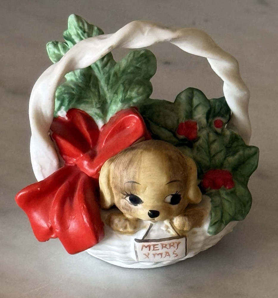 Vintage Christmas Josef Originals Hand-Painted Puppy in Basket Figurine