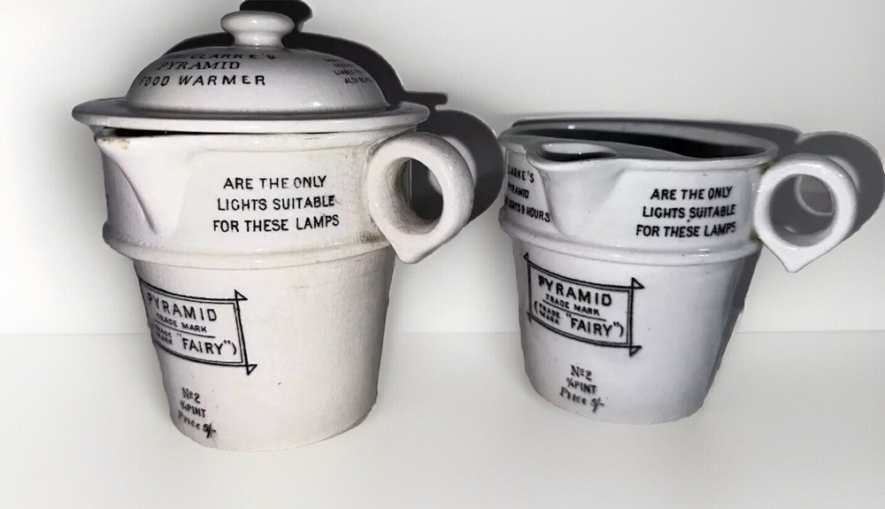 2 Sam Clarkes Pyramid Food Warmers Signed Ceramic Fairy Lamps 3/4 Pints + 1 Lid