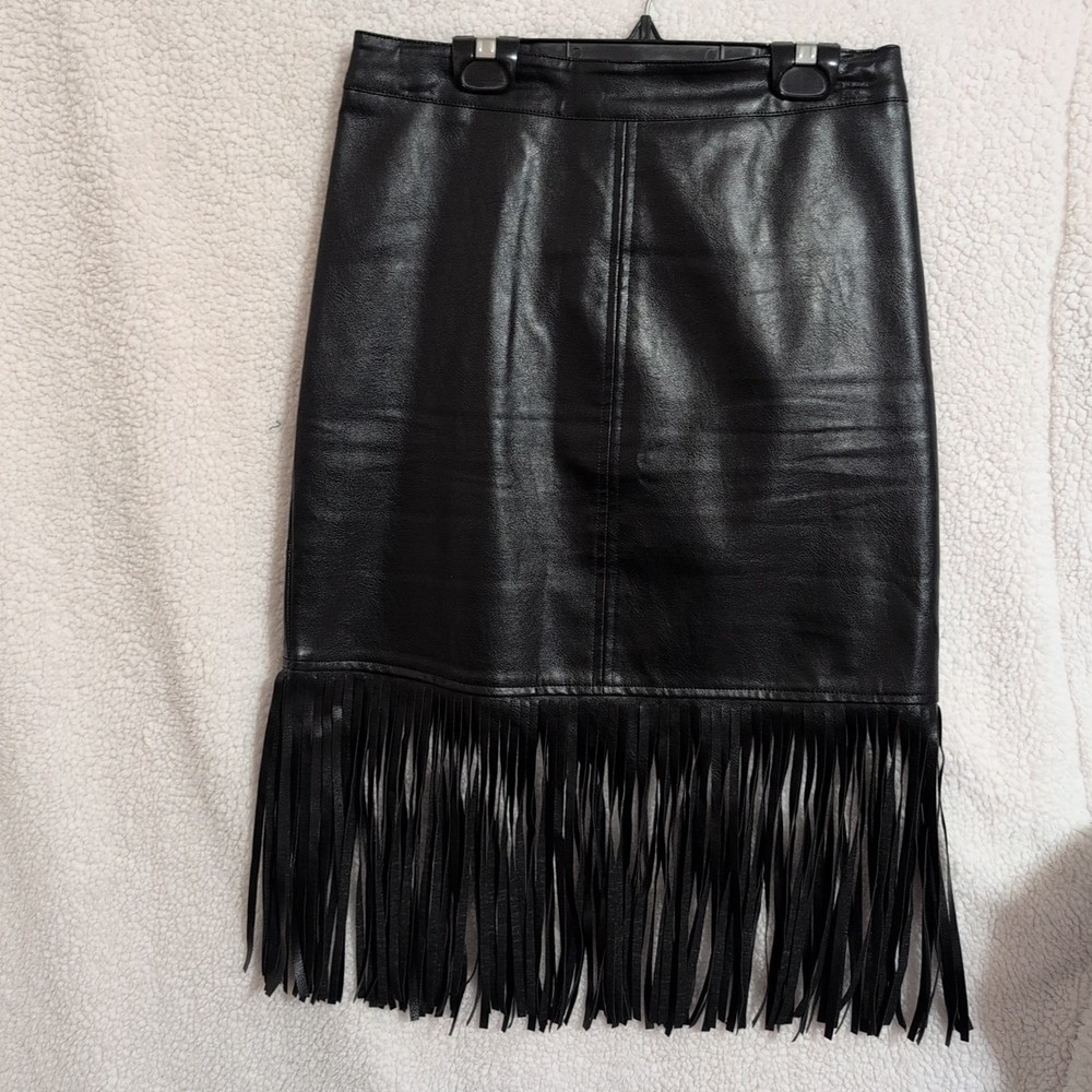 VOY Black Faux Leather Fringe Skirt Moto Edgy Boho Size S Skirt Midi SKU 130-131