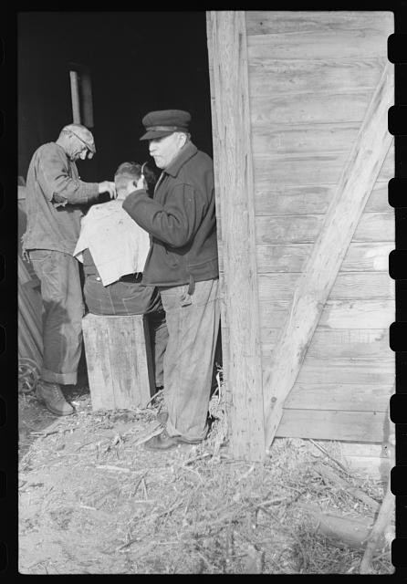 Photo:1930s Men Haircut Barn Barbershop Scene Black and White Photo
