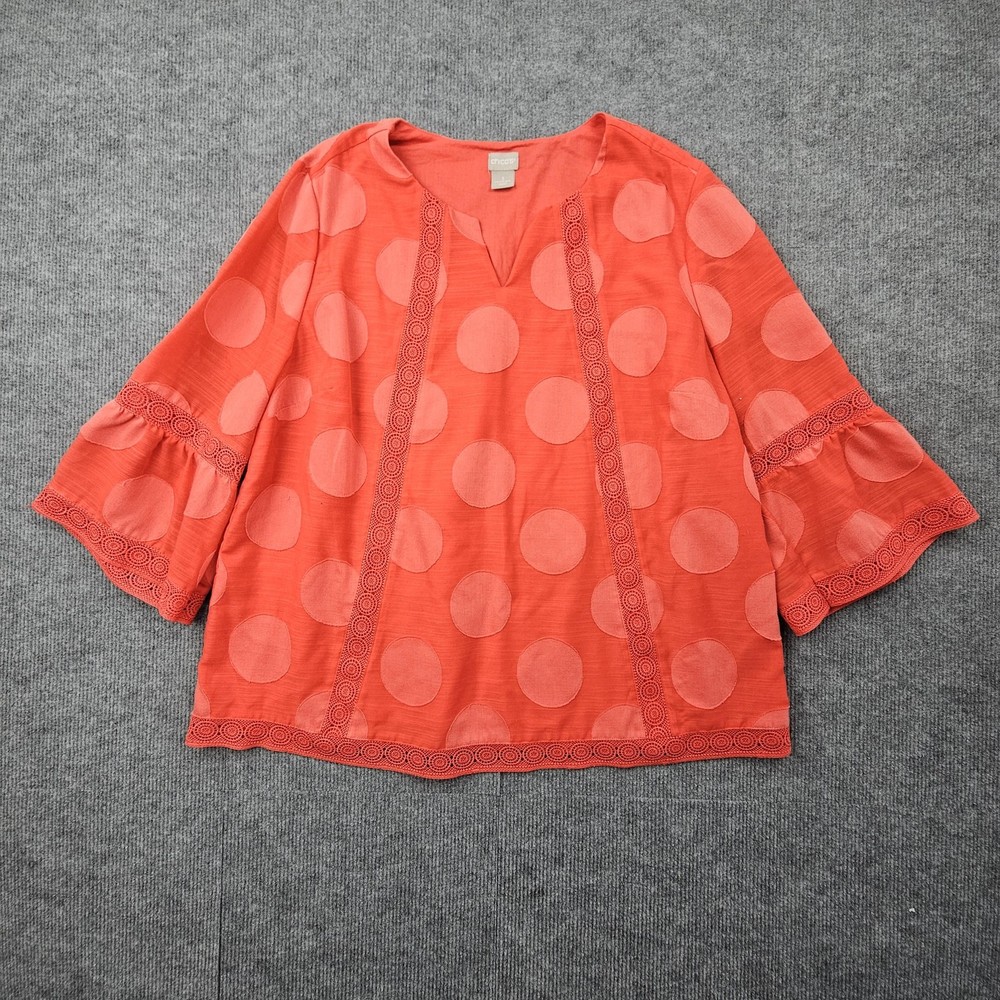 Chicos Blouse Womens 3 US 16/18 Orange Polka Dot Boho Crochet Knit Preppy Bright