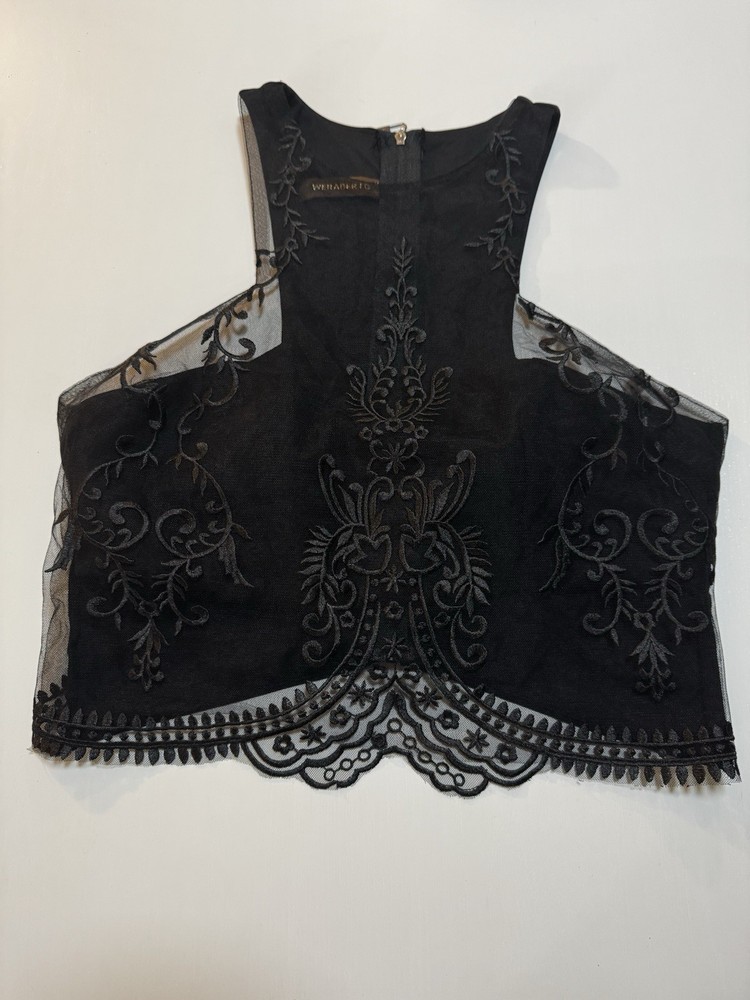 WERABERTO Women’s Black Sheer Mesh Floral Embroidered Lace Crop Top | Size M
