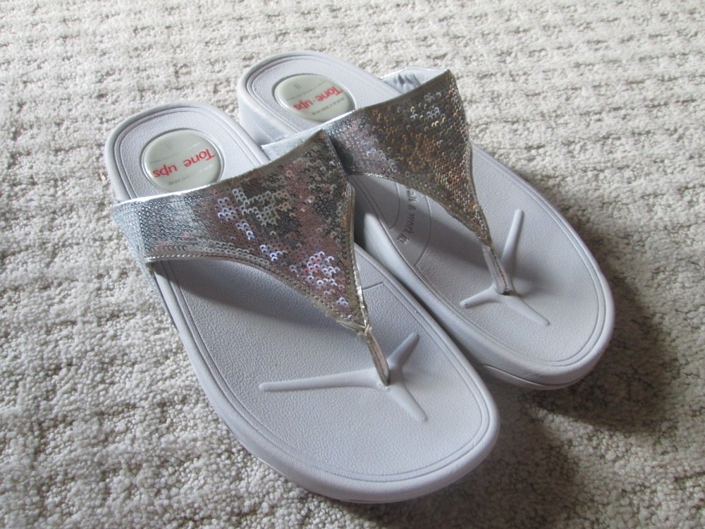 Gray Skechers Tone-Ups Flip Flops with Silver Sequins Size 8 37634