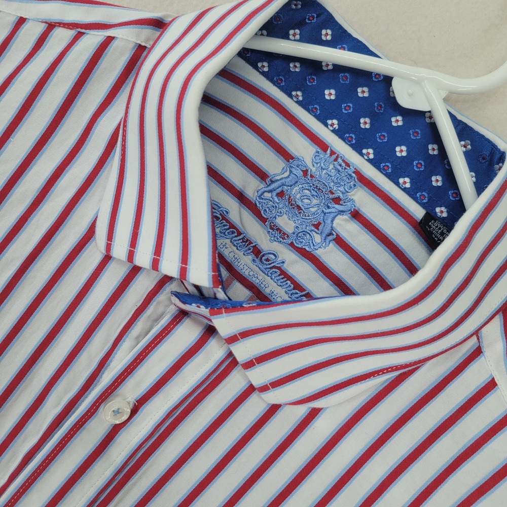 English Laundry Shirt Mens 17 34/35 Red Blue Stripe Button Down Contrast Cuffs