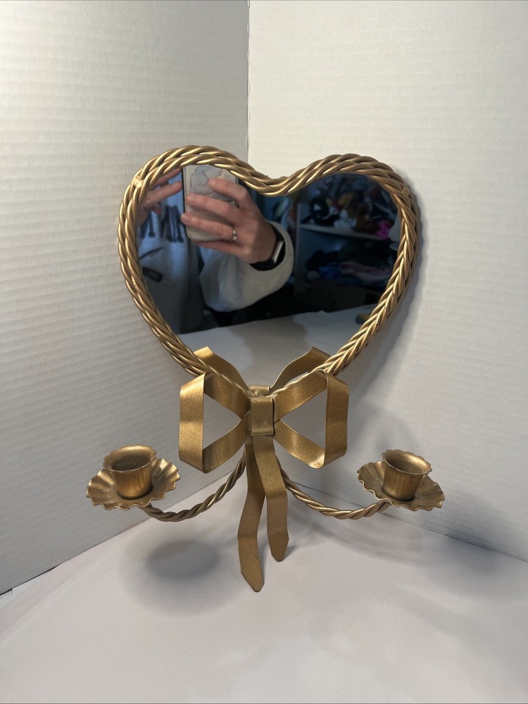 Braided Gold Metal Heart Shaped Mirror Double Candle Holder HOMCO Vintage