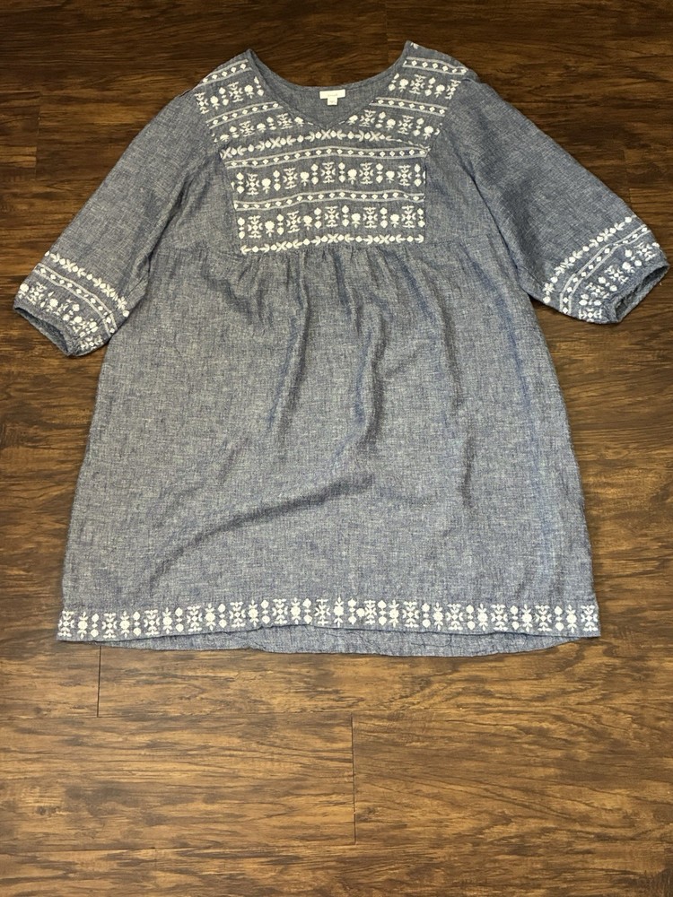 Pure Jill J Jill Embroidered Linen Blend Dress Plus Size 3X Blue Cream Boho