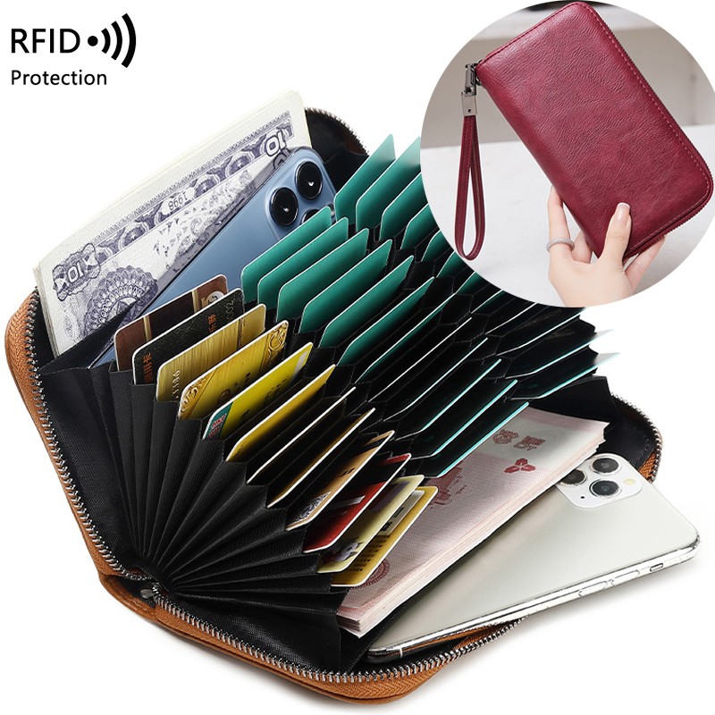 Large Capacity Credit Card Holder 36 Slots Zipper Leather Wallet RFID Blocking