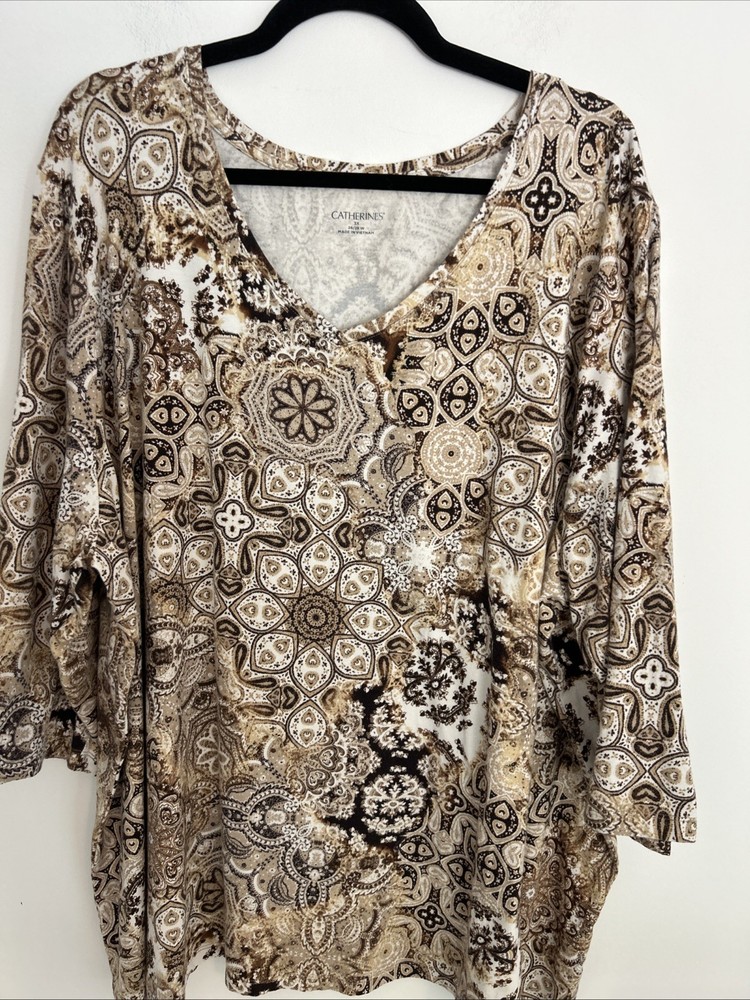 Catherine's Women's 3X 3/4 Sleeve V Neck Beige Brown Pattern Casual Comfy Top