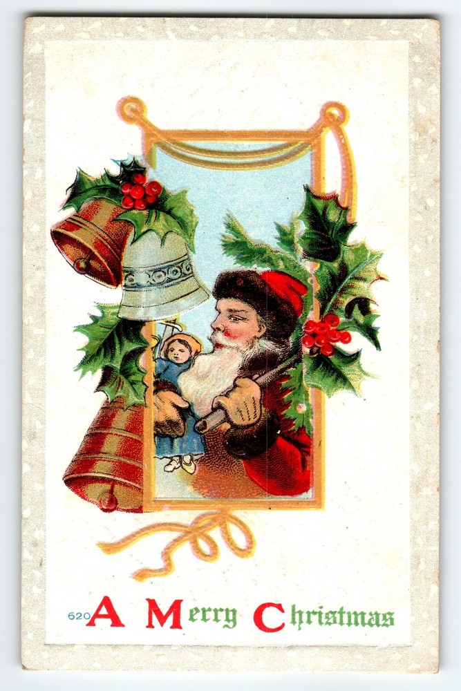 Santa Claus Christmas Postcard Embossed 1910 Old World Bells Toys Series 620