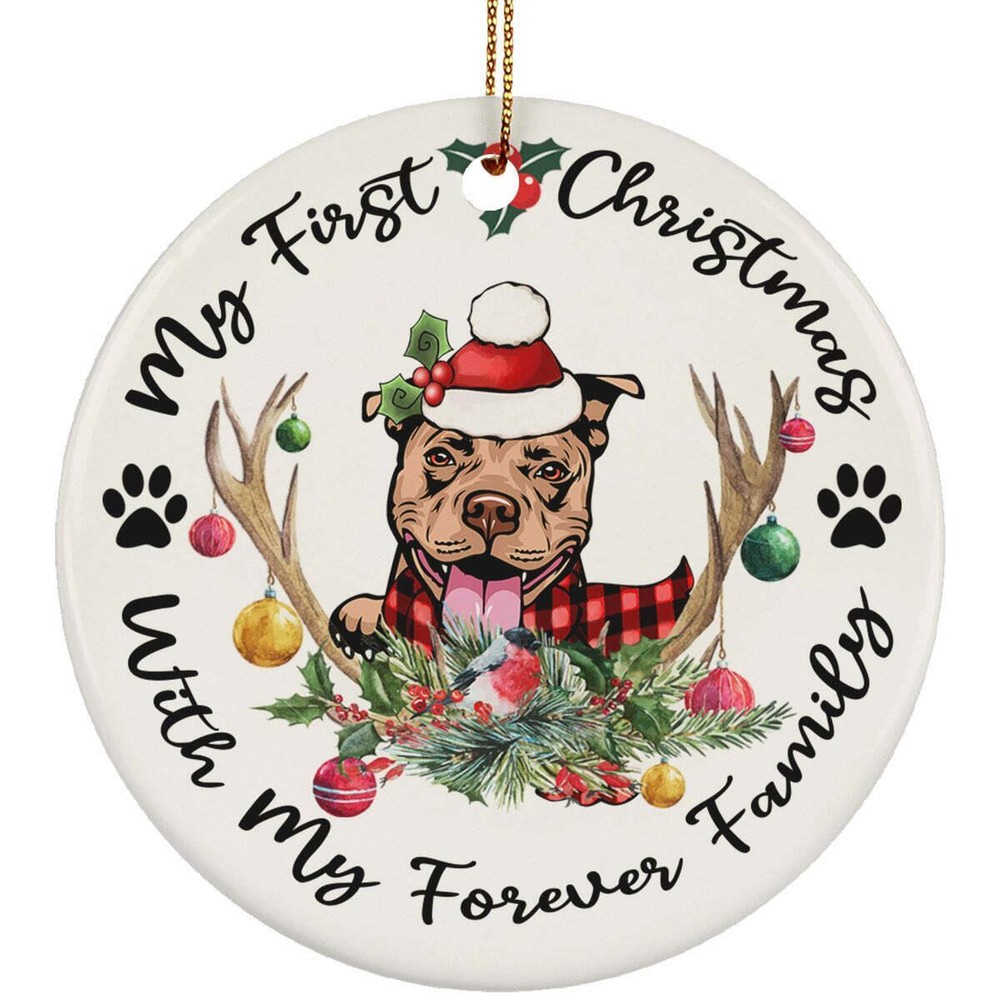My First Christmas America Pitbull Dog With Deer Anlters Ornament Gift Decor