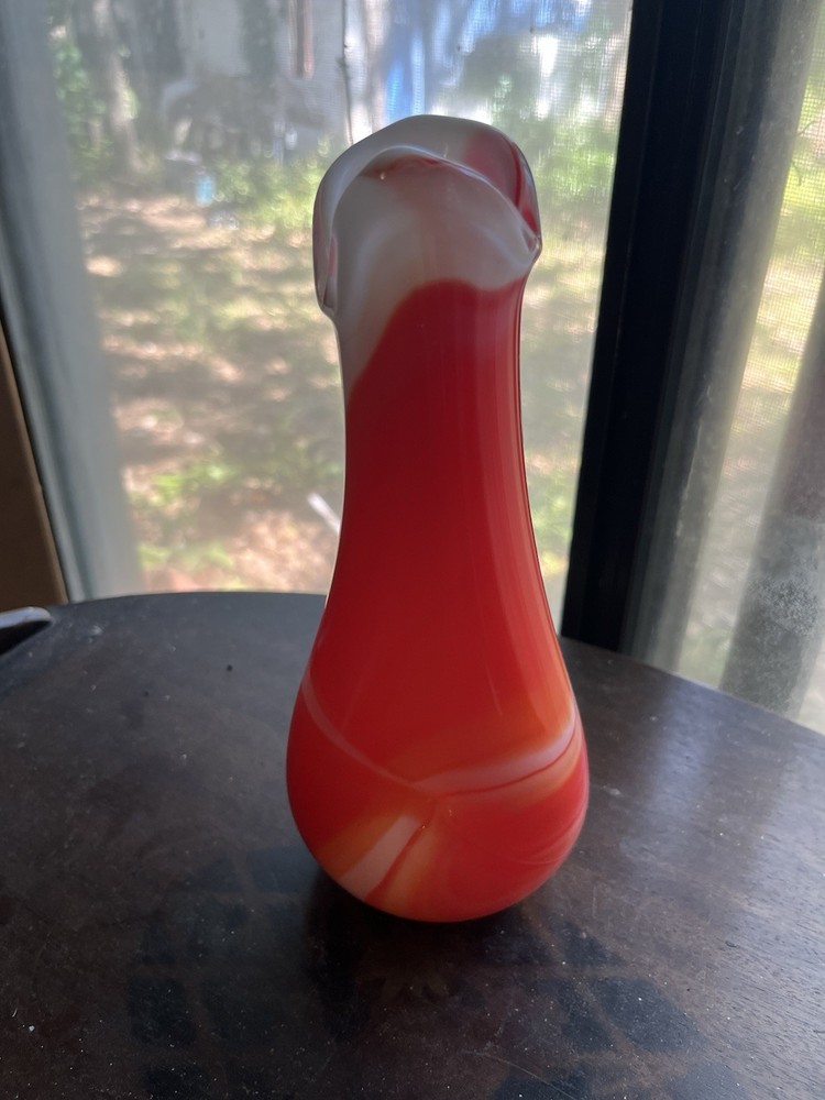Decorative Red White Orange Glass Vase Hand Blown Art Swirl Glossy Finish