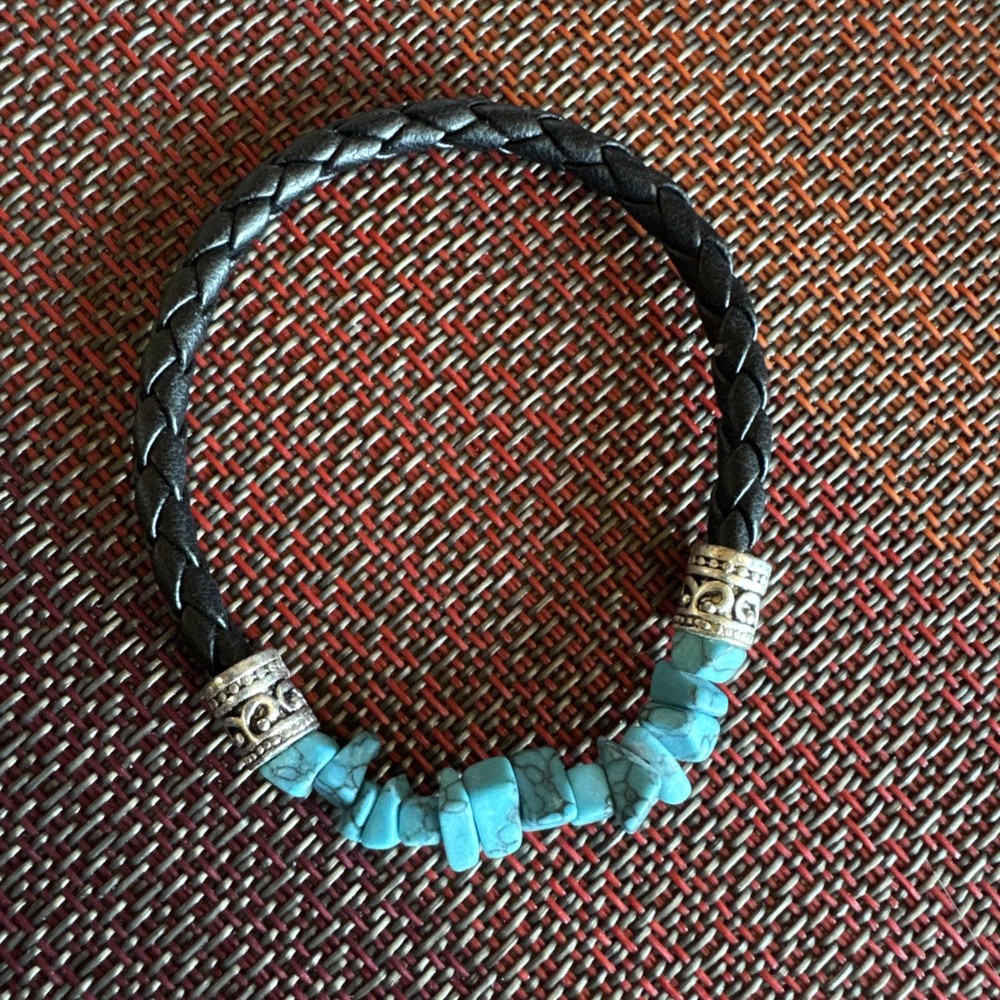 Turquoise Chip And Braided Black Leather Bracelet With Sterling Silver Accents
