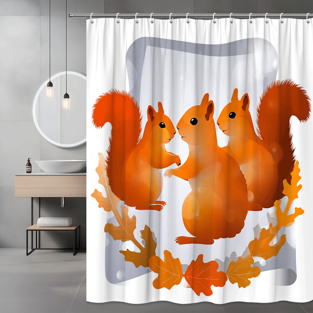 Squirrel Shower Curtain Orange Autumn Leaves Graphic Print
