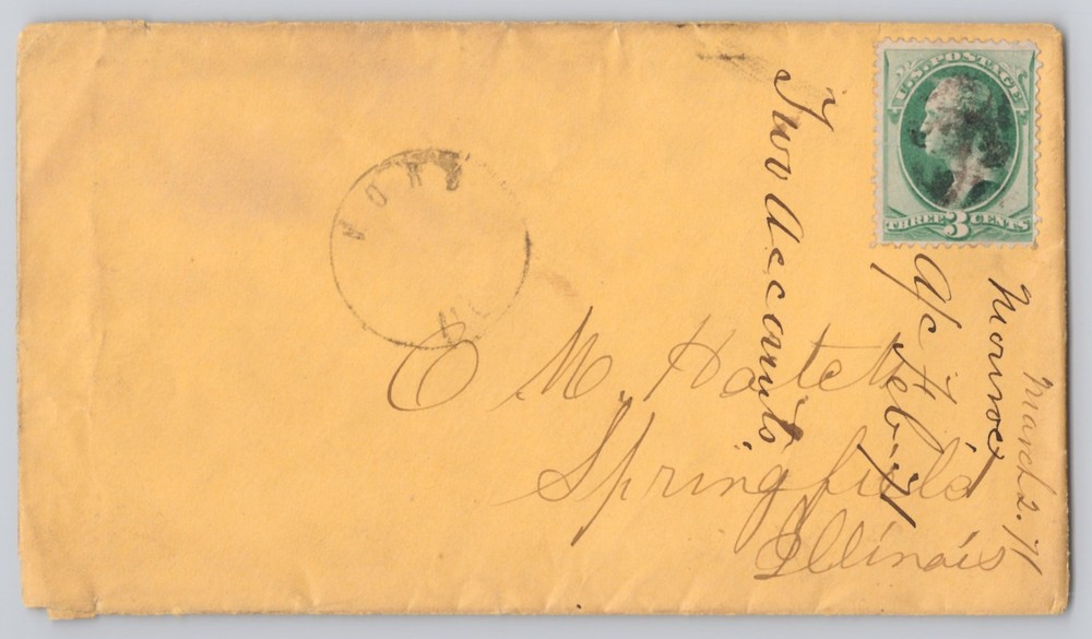 Handwritten envelope with green US 2-cent stamp, circular cancel, hand-addressed