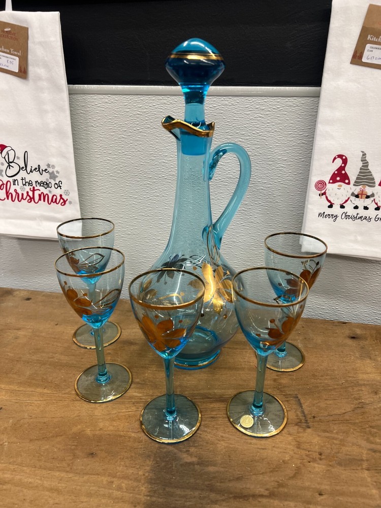 Vtg Romanian Blue Aqua Decanter & 5 Cordial Glass Gold Trim & Gold Floral Motif