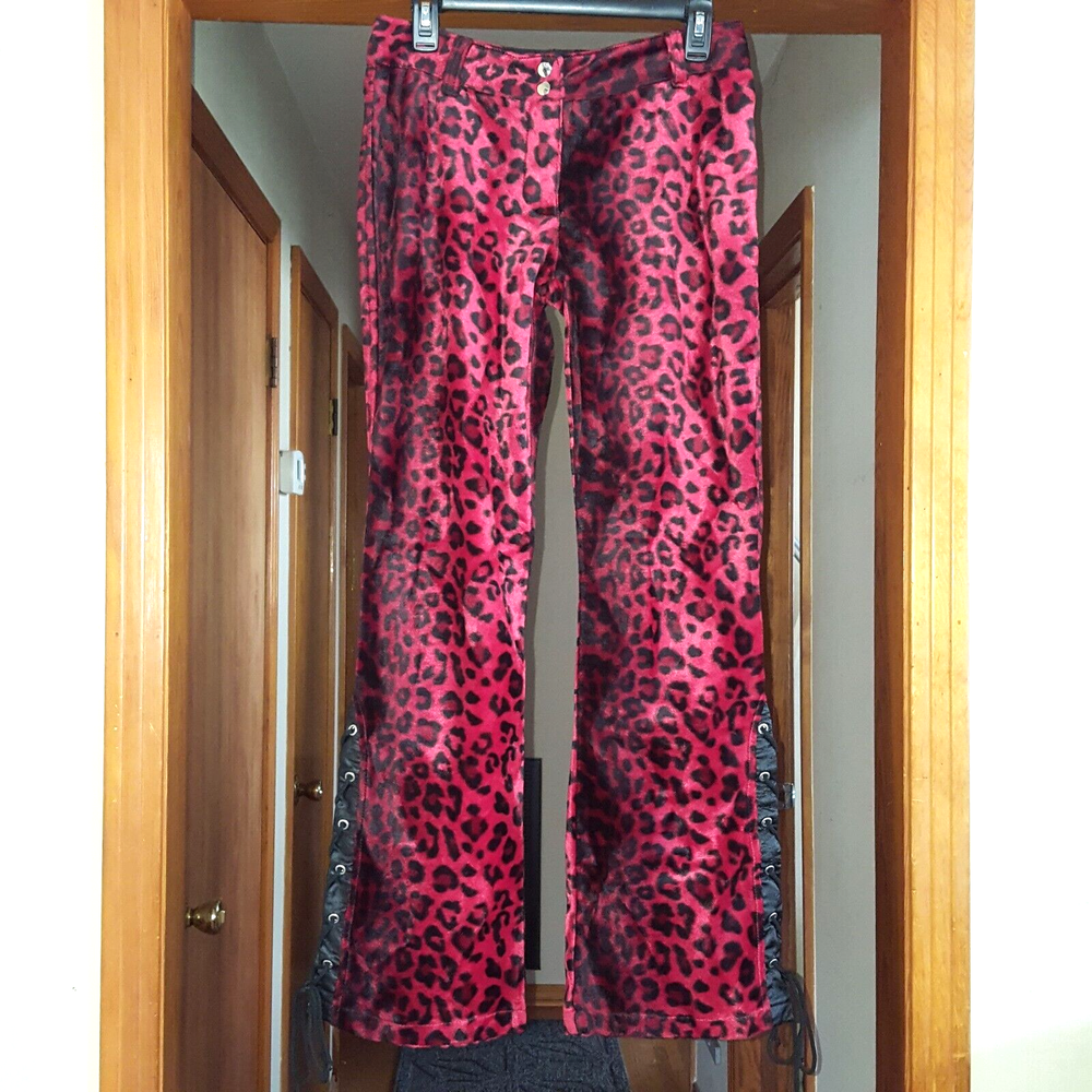 Lip Service Womens Pants Leopard Animal Print Red Black Velour Belted Vintage