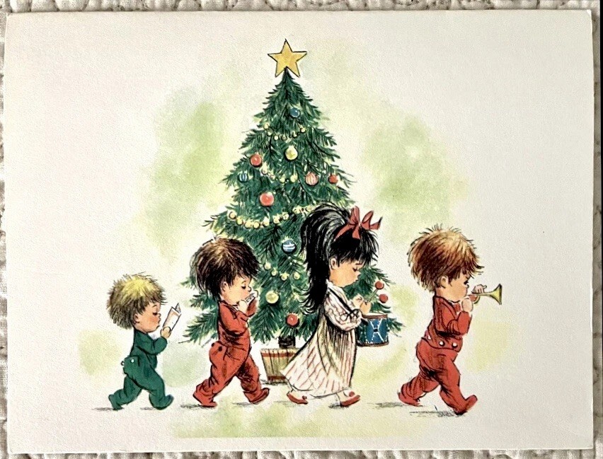 Unused Christmas Children Band Play Music Tree Vtg Greeting Card 1960s 1970s